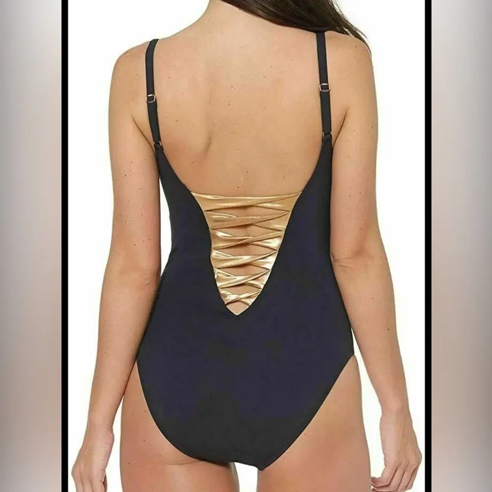Bleu Rod Beattie Twisted-Front One-Piece Swimsuit Black Gold- Size 8 - Picture 3 of 9